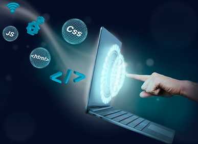 The image shows a hand interacting with a futuristic laptop interface surrounded by floating web development symbols on a digital blue background, including JavaScript, CSS, HTML, and coding brackets.