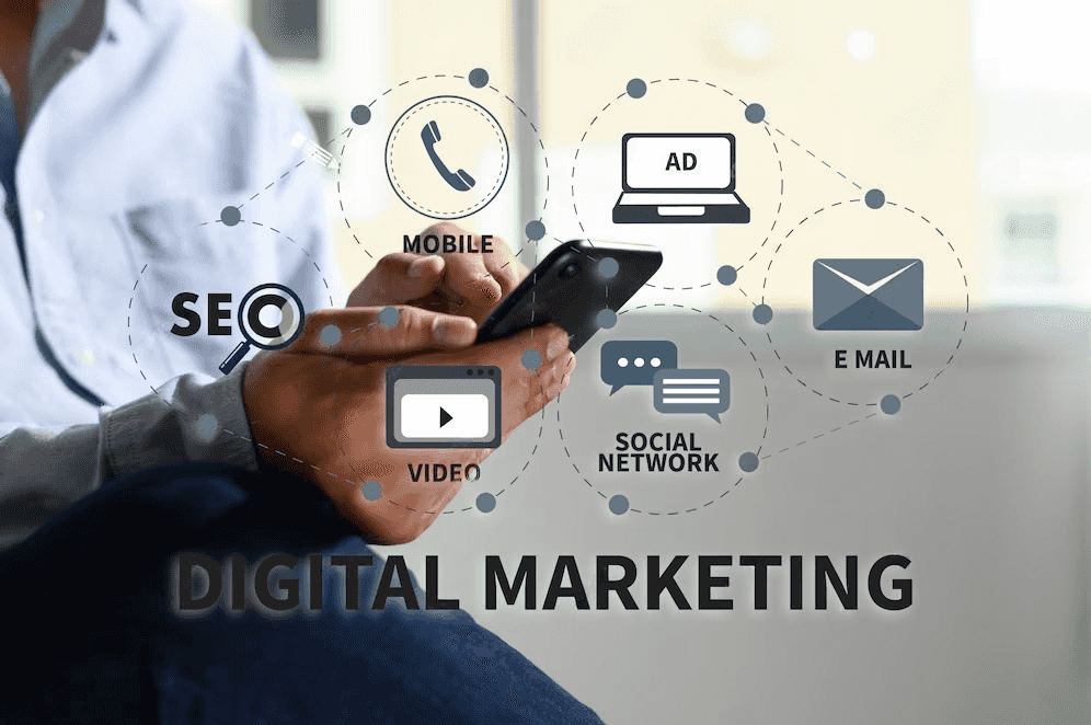 A person, a phone, Digital Marketing tools including Email marketing, SMS, Ad , Mobile and SEO
